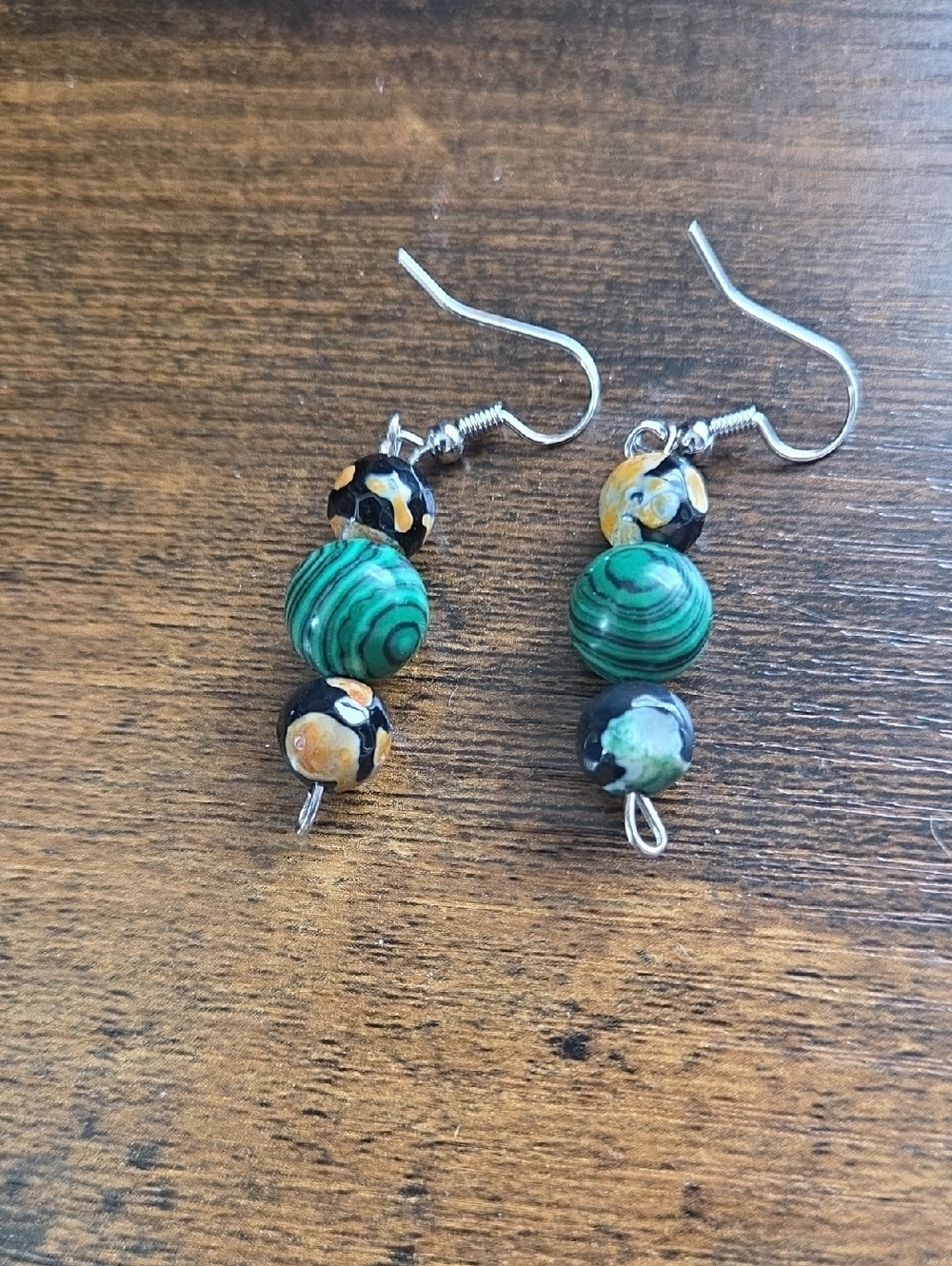 Green Bead Dangle Earrings with Black and Gold Accents - Women's Jewelry